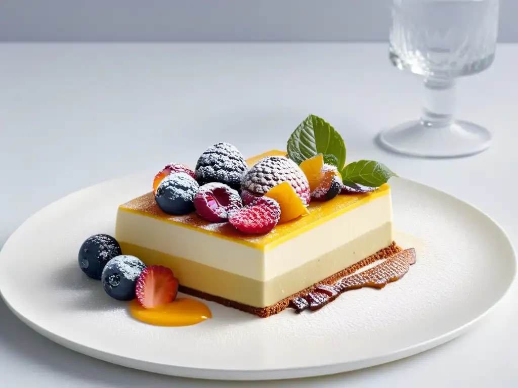 Una obra de arte culinaria con innovaciones en repostería con ingredientes únicos, en un postre moderno y delicado en un plato blanco