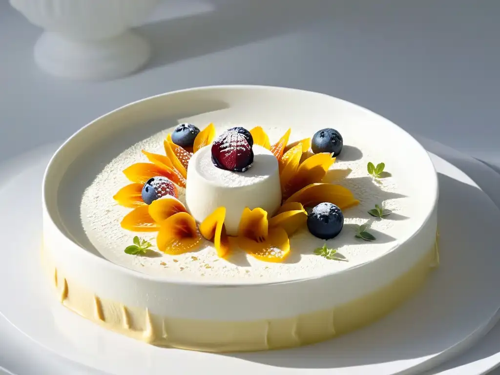 Obra de arte culinario: postre vanguardista con capas de colores vibrantes y flores comestibles, estilo repostería contemporánea