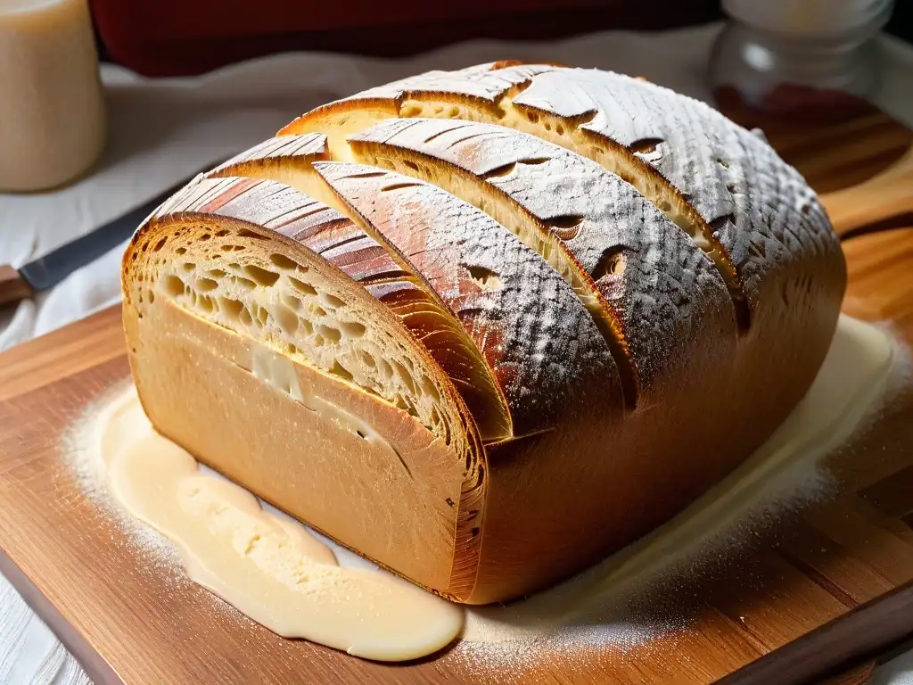 Una obra de arte en panadería: pan de masa madre dorado con patrones de corte, rodeado de harina y trigo