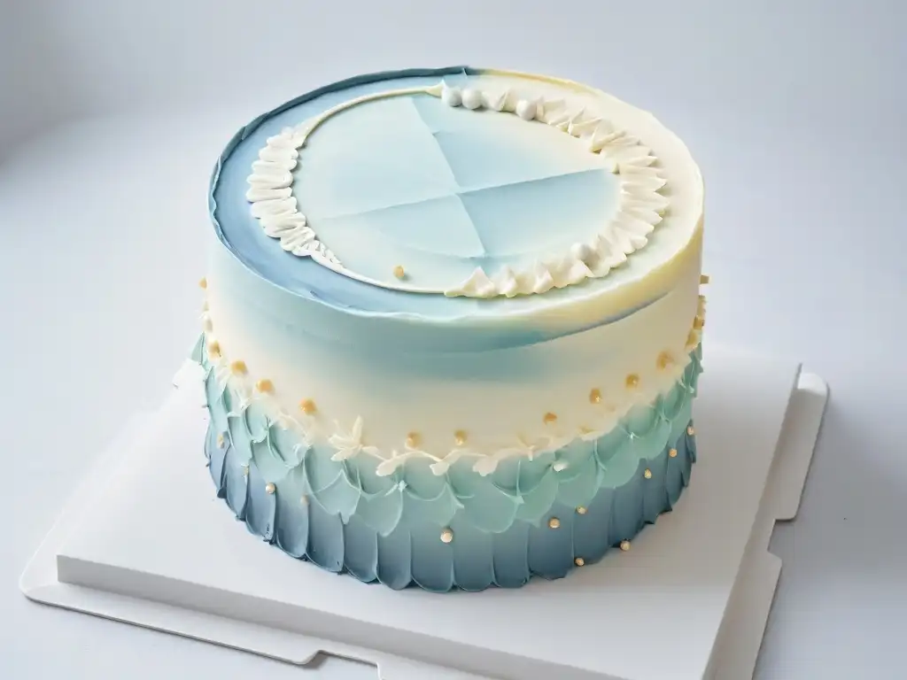 Pastel moderno: detalle geométrico en elegante tarta Una obra de arte en pastelería: un elegante y moderno pastel con intrincados patrones geométricos en tonos pastel sobre una mesa de mármol blanco