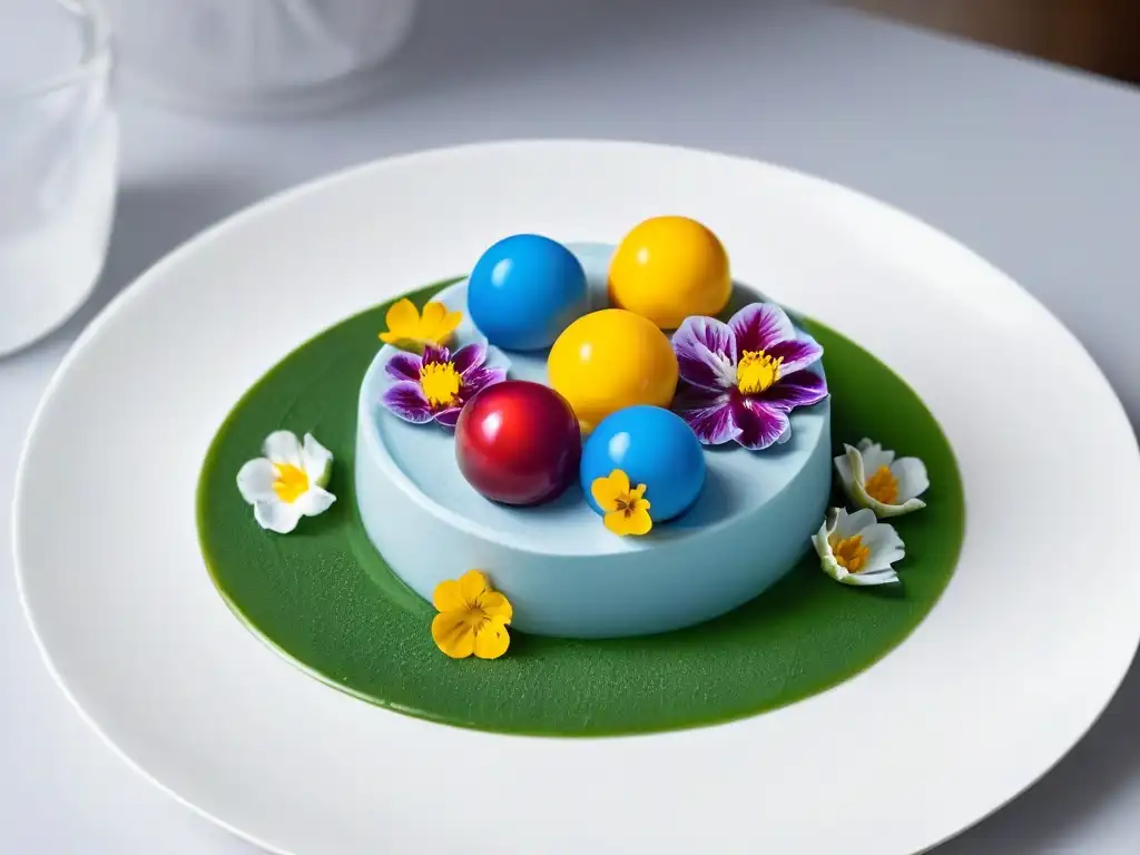 Obra de arte: postre de repostería molecular con estructuras precisas, esferas coloridas, espumas delicadas y flores comestibles en un plato moderno, fusionando historia, ciencia y repostería