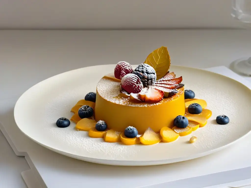 Una obra de arte: repostería de alta gama moderna con capas de pastelería, coulis de frutas y flores comestibles, adornada con hoja de oro