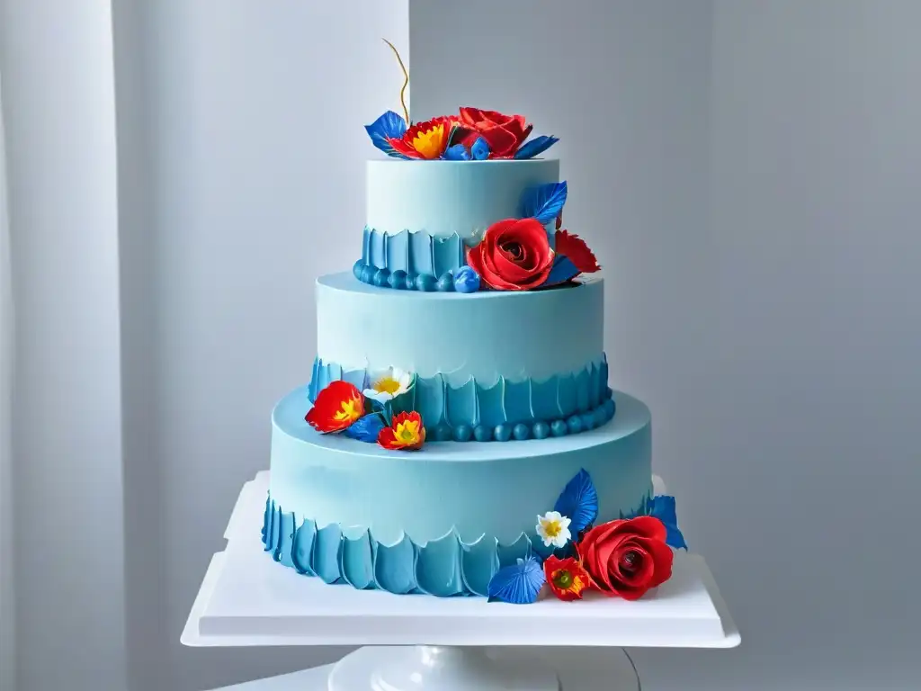 Obra de arte en repostería: un pastel decorado con detalle en vibrantes colores y temas florales, geométricos y swirls, sobre un soporte blanco