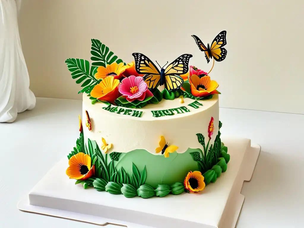 Una obra de arte en repostería vegana con impresión 3D: topper floral vibrante y mariposas delicadas en un pastel multicapa