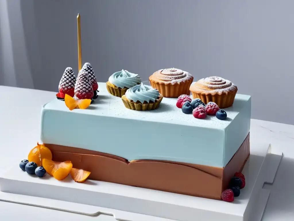 Obra de arte en talleres avanzados de repostería, con pasteles y postres exquisitos y detallados, creando una ambientación sofisticada