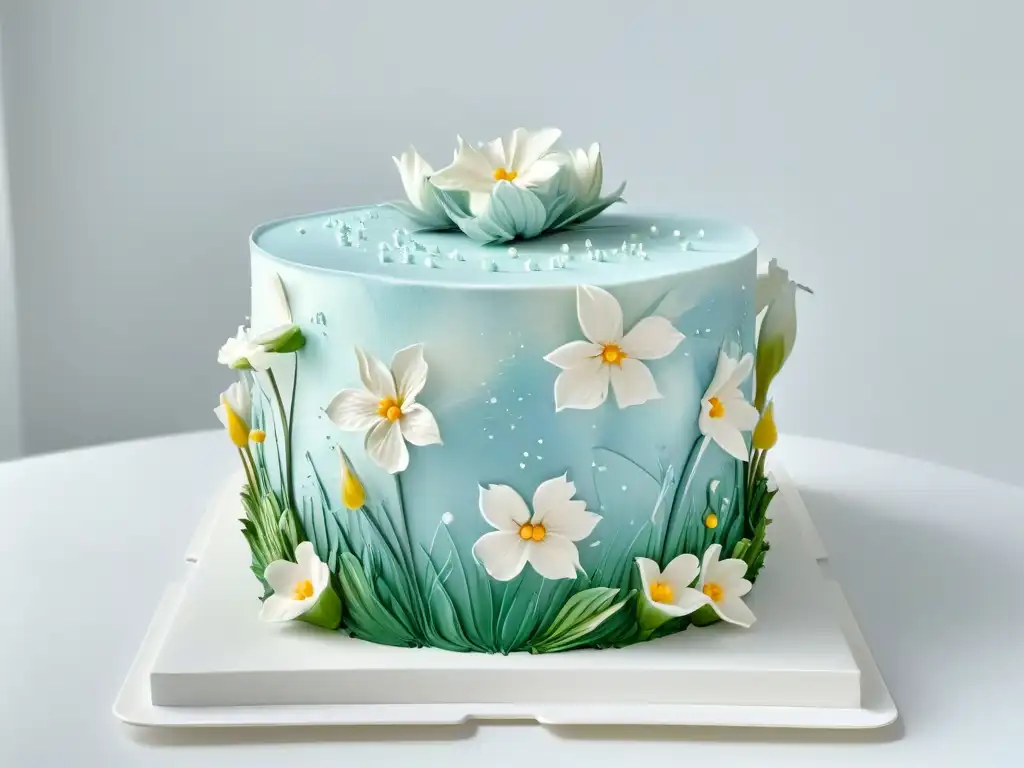 Una obra maestra de aerografía en decoración de pasteles con diseños florales intrincados en tonos pastel