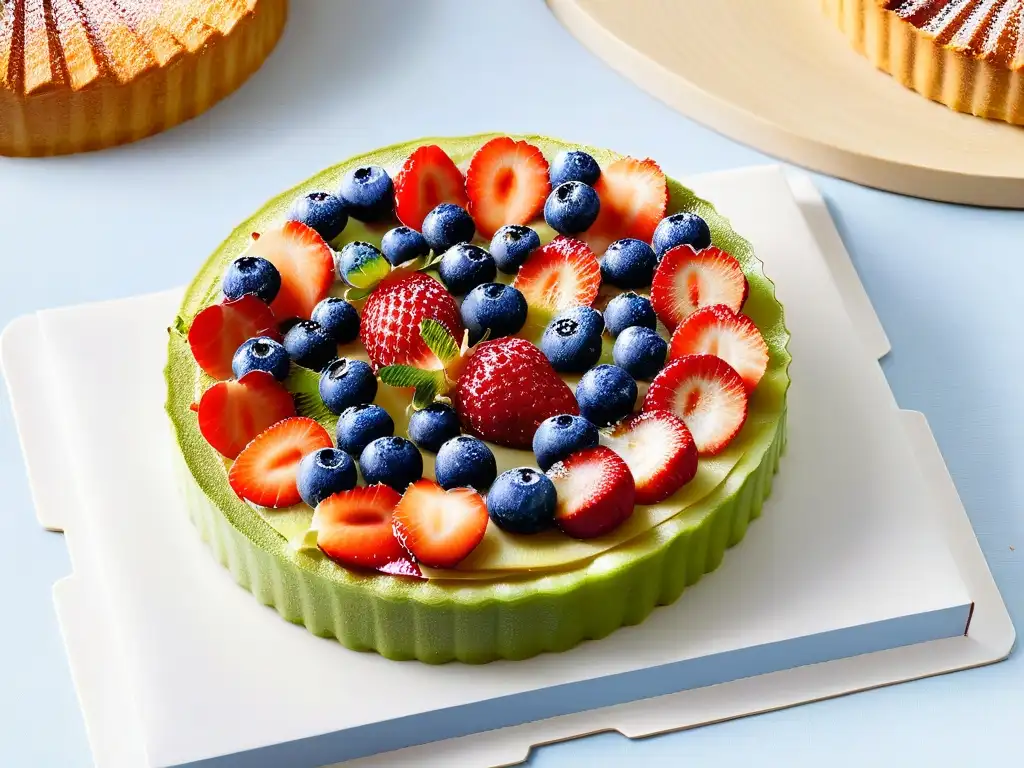 Deliciosa tarta de frutas: armonía de sabores y colores Una obra maestra de armonía entre sabor y estética en una tarta de frutas vibrante y detallada sobre un fondo blanco elegante