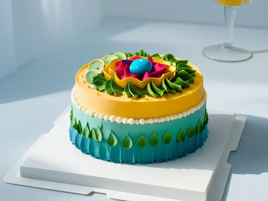 Una obra maestra de arte en repostería contemporánea: pastel colorido con patrones geométricos y vibrantes en plato blanco