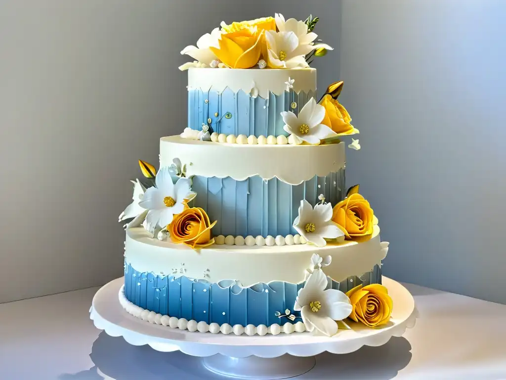 Una obra maestra automatizada: un exquisito pastel de bodas de varios pisos decorado con precisión, en un elegante soporte moderno