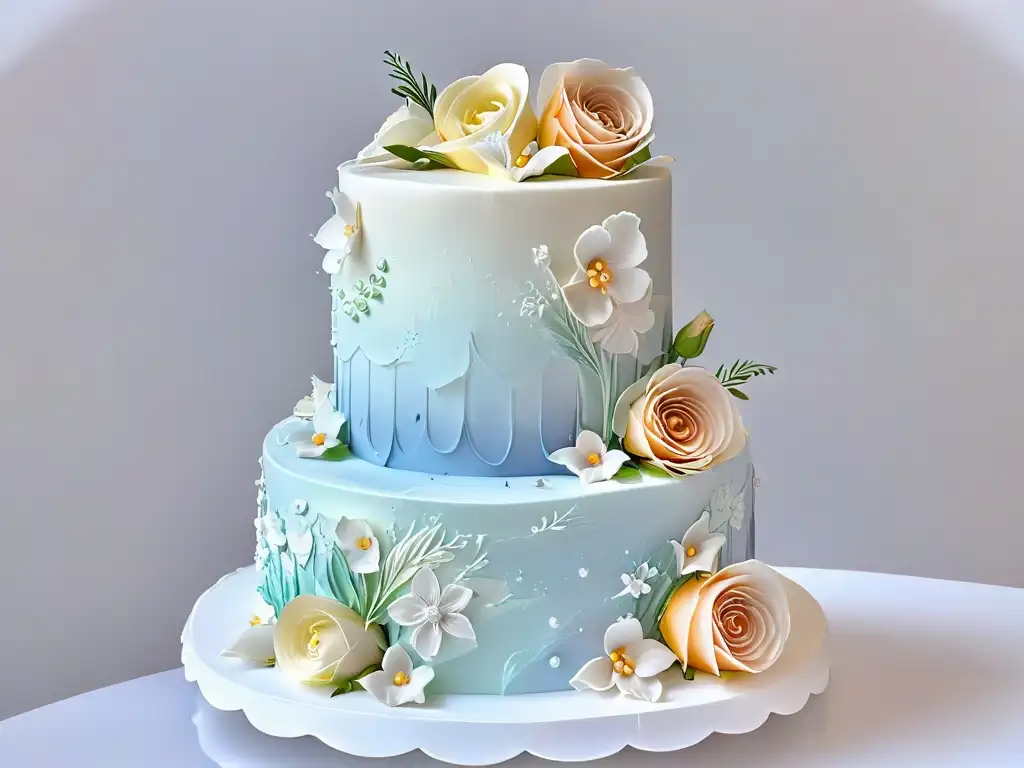 Pastel de bodas de ensueño con detalles impecables Una obra maestra de fondant blanco adornada con flores de azúcar en tonos pastel