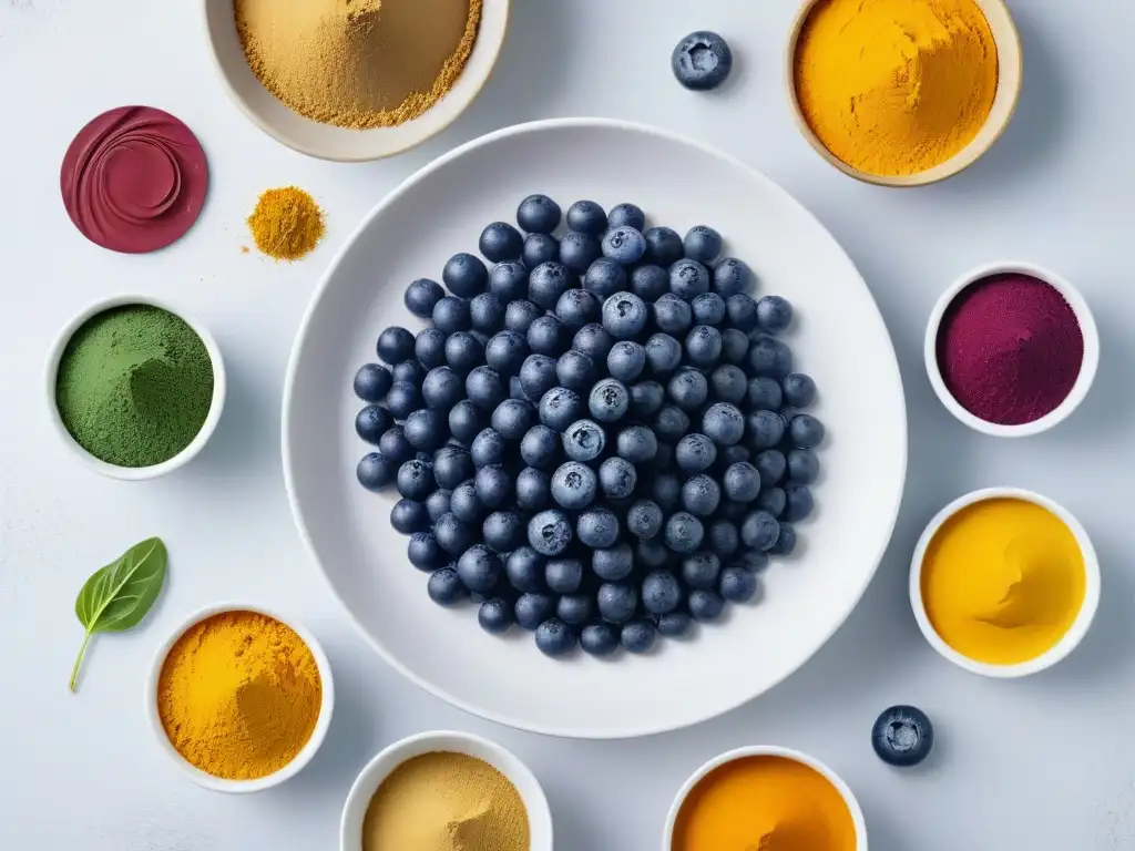 Una obra maestra de colores naturales para repostería sin aditivos, resaltando la belleza de ingredientes frescos como remolacha, cúrcuma y arándanos