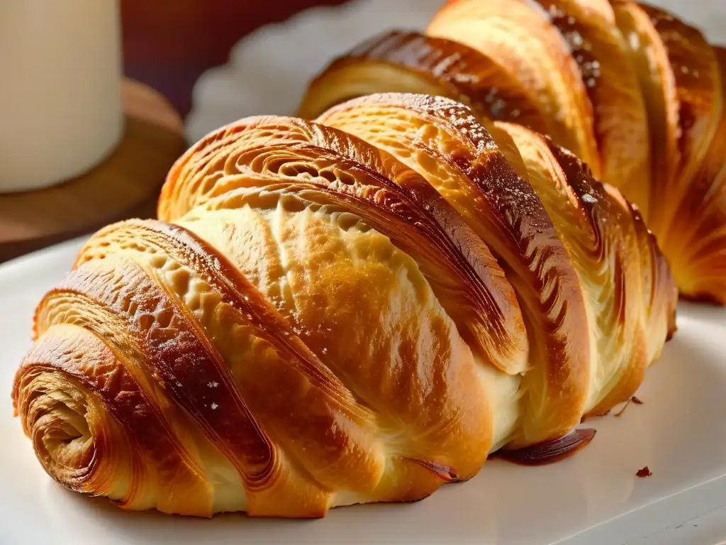 Una obra maestra: un croissant dorado recién horneado con capas delicadas que brillan, evocando la historia de éxito de Joanne Chang en repostería