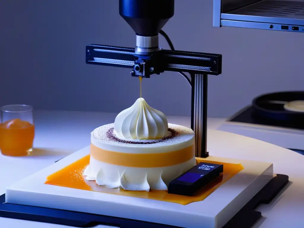 Obra maestra culinaria creada por una impresora 3D moderna, resaltando las capacitaciones impresión 3D postres