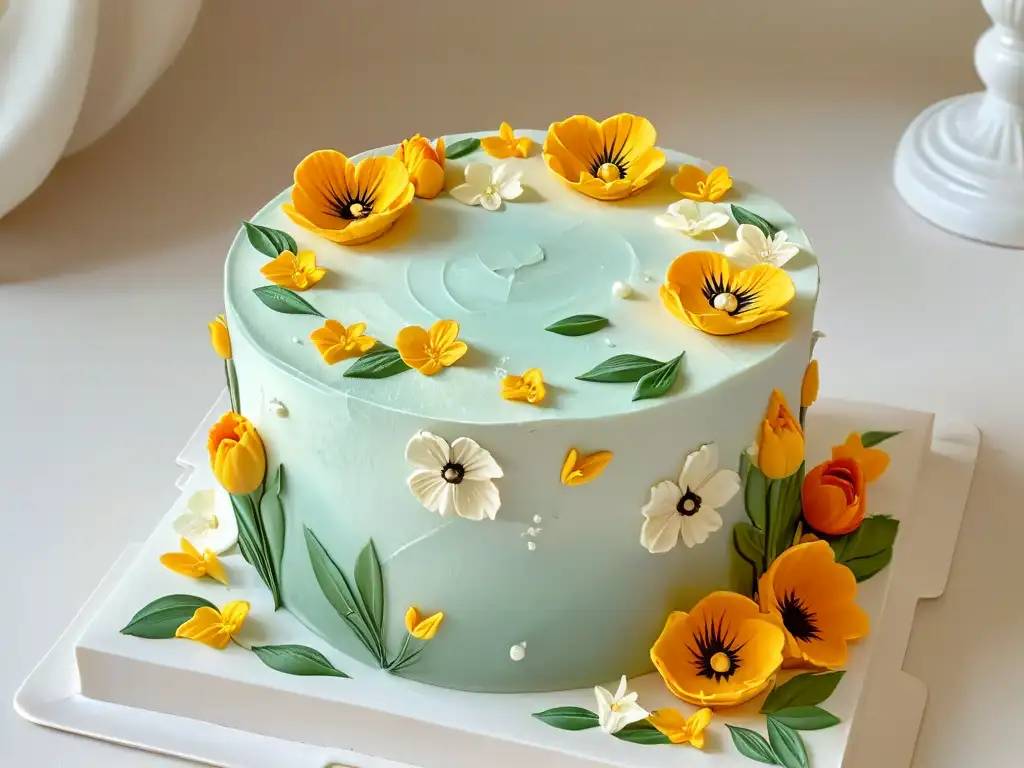 Obra maestra: delicada tarta de fondant con flores pintadas a mano en tonos pastel, detalle impresionante