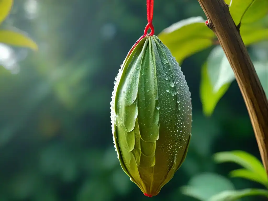 Una obra maestra detallada de una sola vaina madura de cacao colgando de una rama, resaltando sus texturas e intensos colores