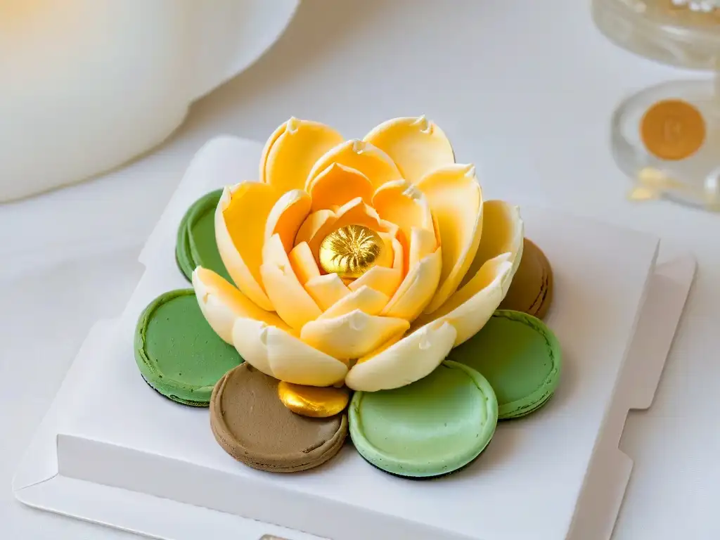 Obra maestra: flor de loto china de macarons multicolores con influencia repostería china postres contemporáneos