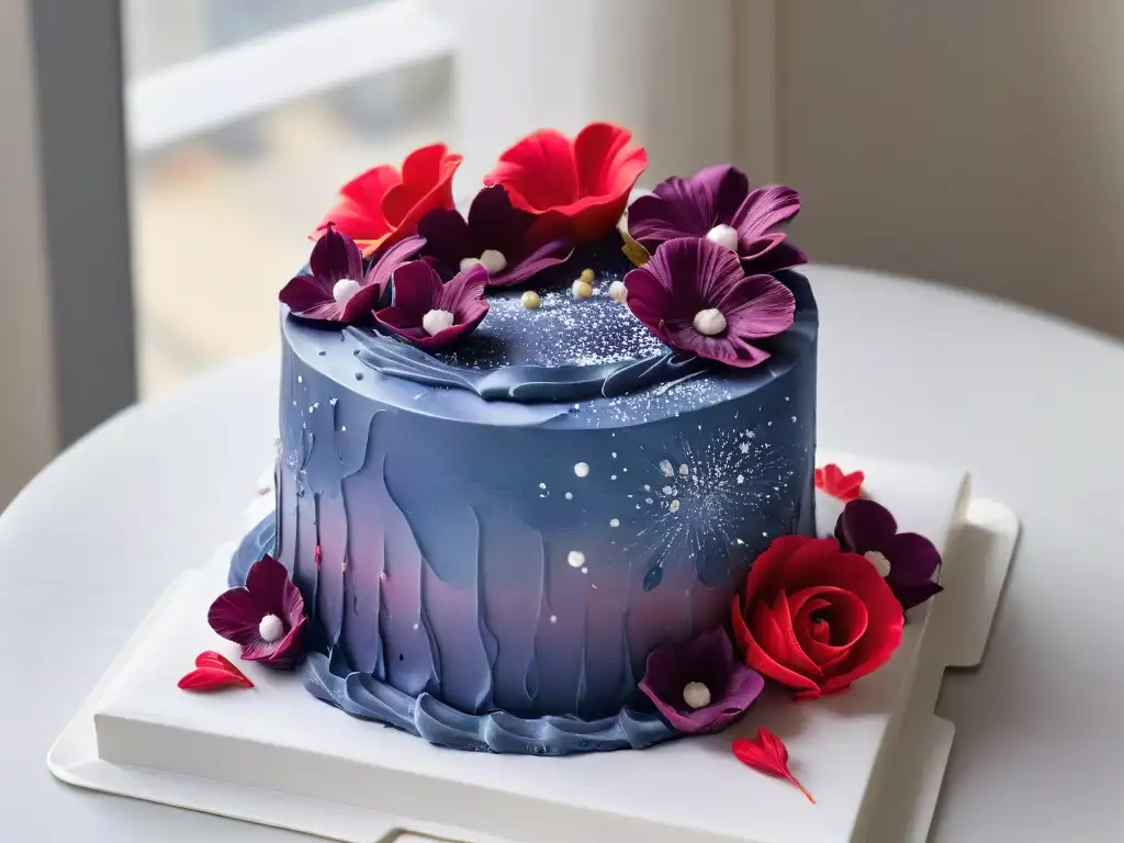 Una obra maestra floral en una tarta, detallada y delicada, pintada con tintes comestibles