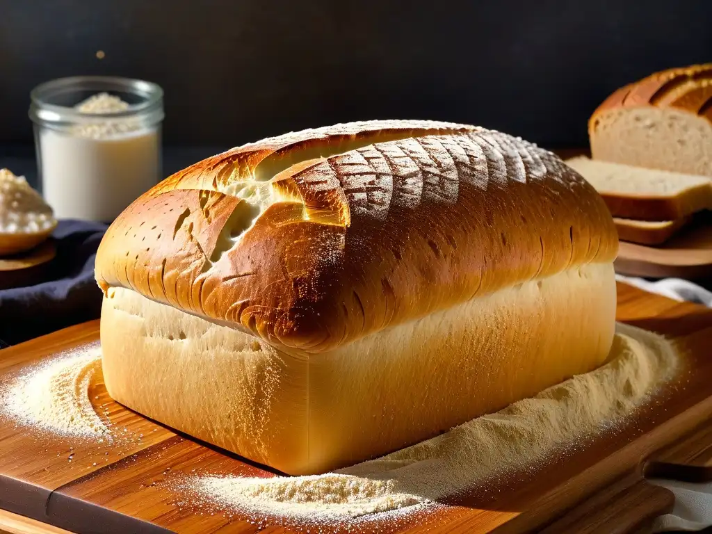 Una obra maestra de la fermentación en repostería: pan de masa madre perfectamente horneado en tabla rústica de madera