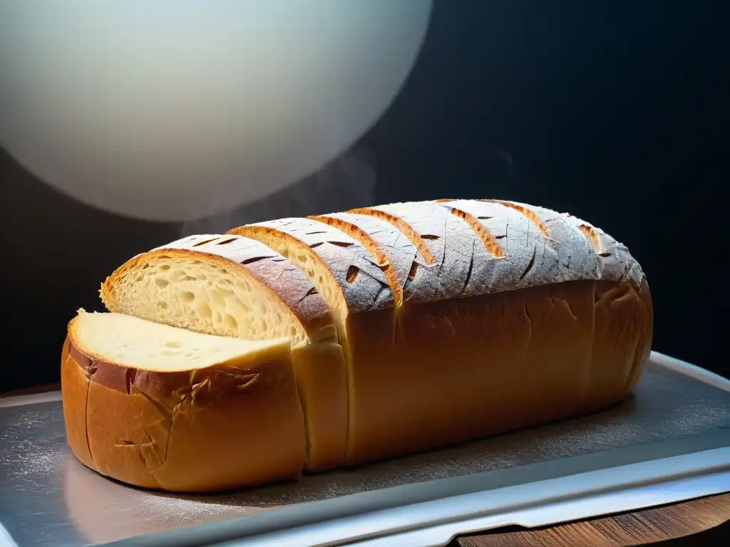 Una obra maestra en panadería: un pan de masa madre con patrones de corte detallados, sobre un fondo rústico oscuro