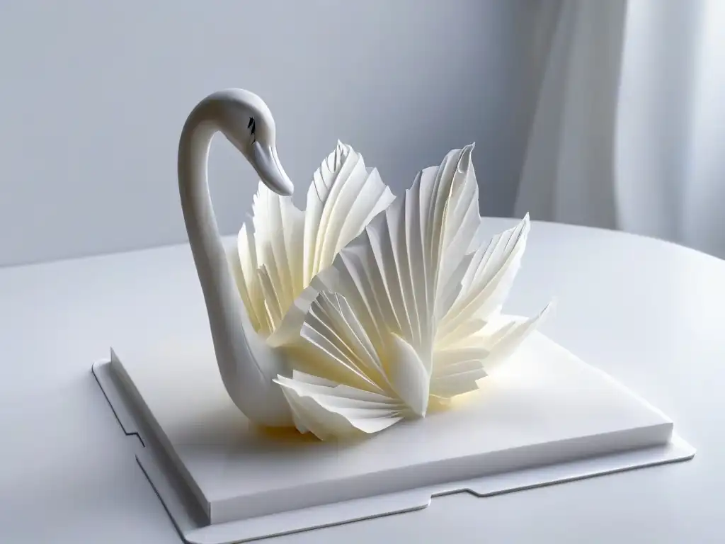 Una obra maestra en papel comestible: un cisne de origami meticulosamente detallado, sobre un plato blanco impecable
