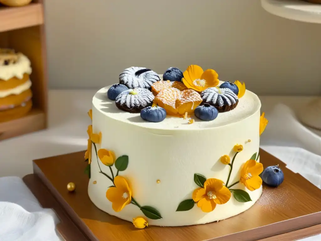 Una obra maestra: pastel artesanal decorado con flores y detalles dorados, en contraste con una panadería industrial