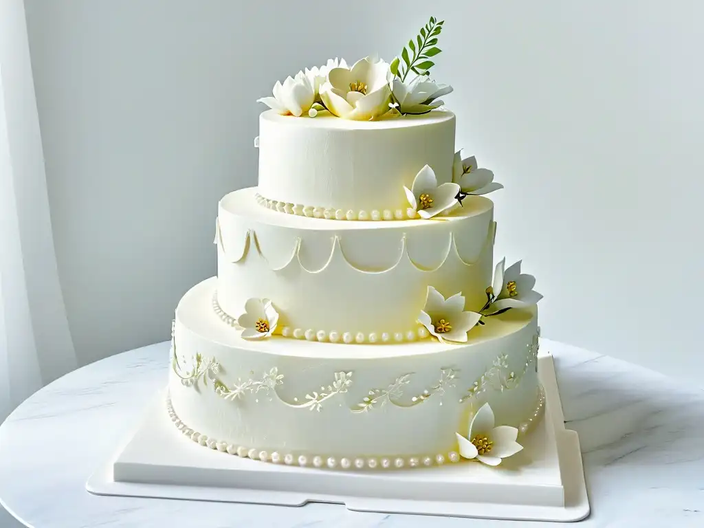 Obra maestra: pastel de bodas de tres niveles decorado con detalle, flores de fondant y perlas comestibles, sobre elegante encimera de mármol