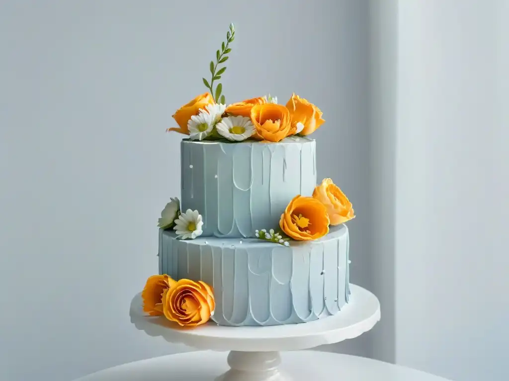 Obra maestra: pastel de tres pisos decorado con flores de azúcar en tonos pasteles