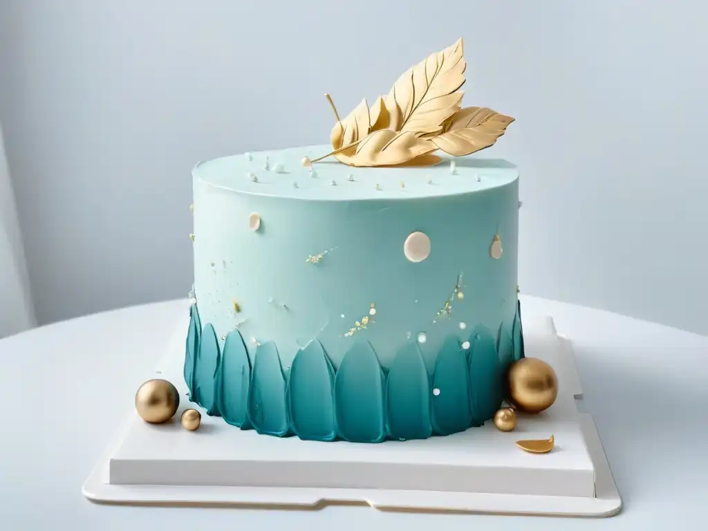 Obra maestra de pastelería contemporánea: tarta con diseños geométricos en colores pastel y detalles en hoja de oro sobre fondo blanco