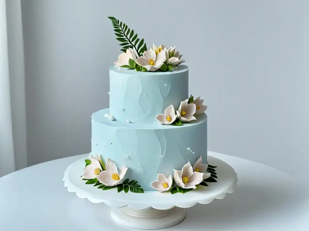 Una obra maestra de la pastelería: un elegante pastel de bodas con flores de azúcar, sobre un soporte de mármol