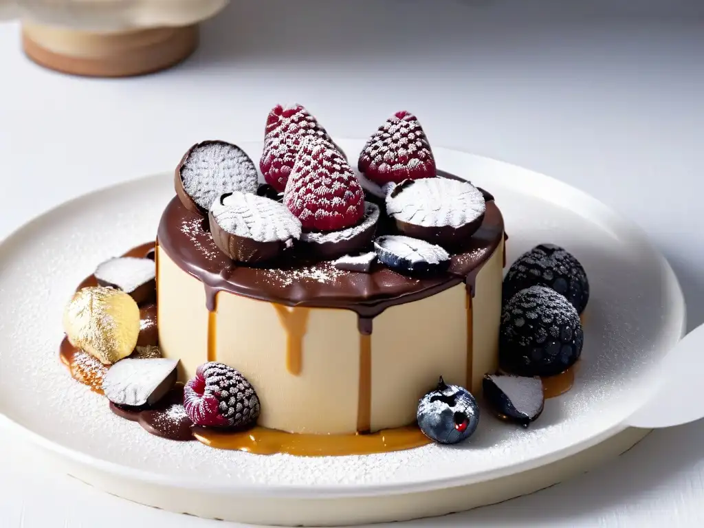 Una obra maestra de postre de alta gama impresionante: un delicado postre de chocolate decorado con láminas de oro, frambuesas y azúcar glas