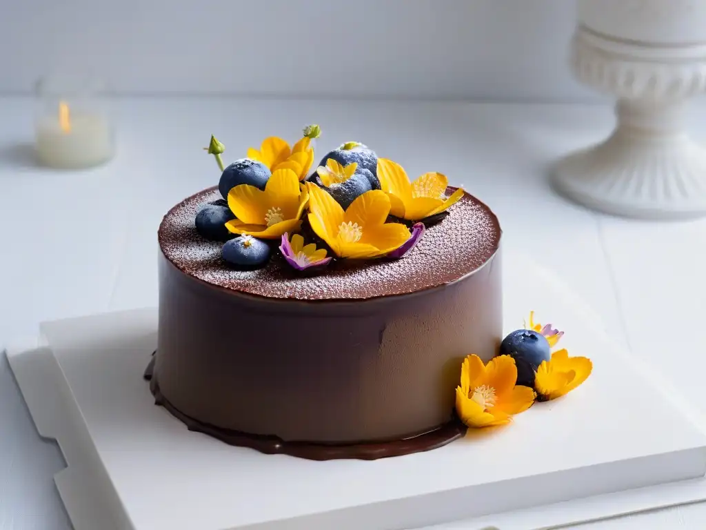 Obra maestra de postre con capas de bizcocho, ganache de chocolate y decoración elegante