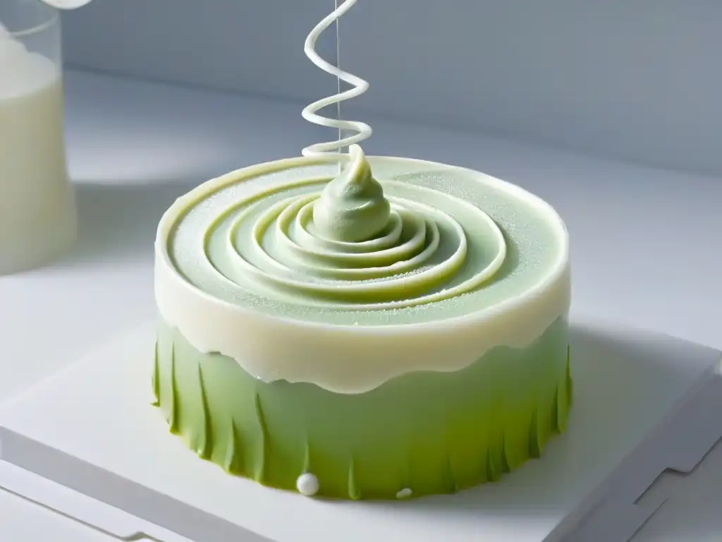 Obra maestra: postre esculpido en azúcar con diseño 3D suspendido en cocina futurista con impresoras 3D, fusionando tecnología y arte culinario