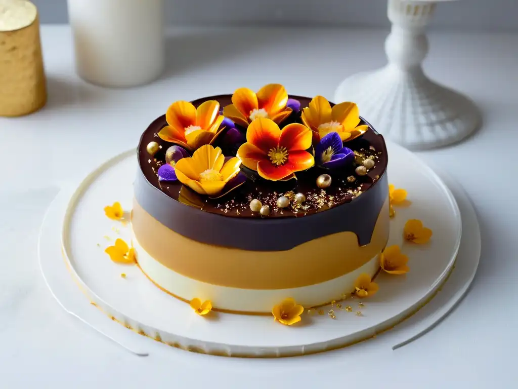 Una obra maestra de postre con técnicas vanguardistas de creación alta: espejo brillante, hoja de oro, decoraciones de chocolate y flores vibrantes