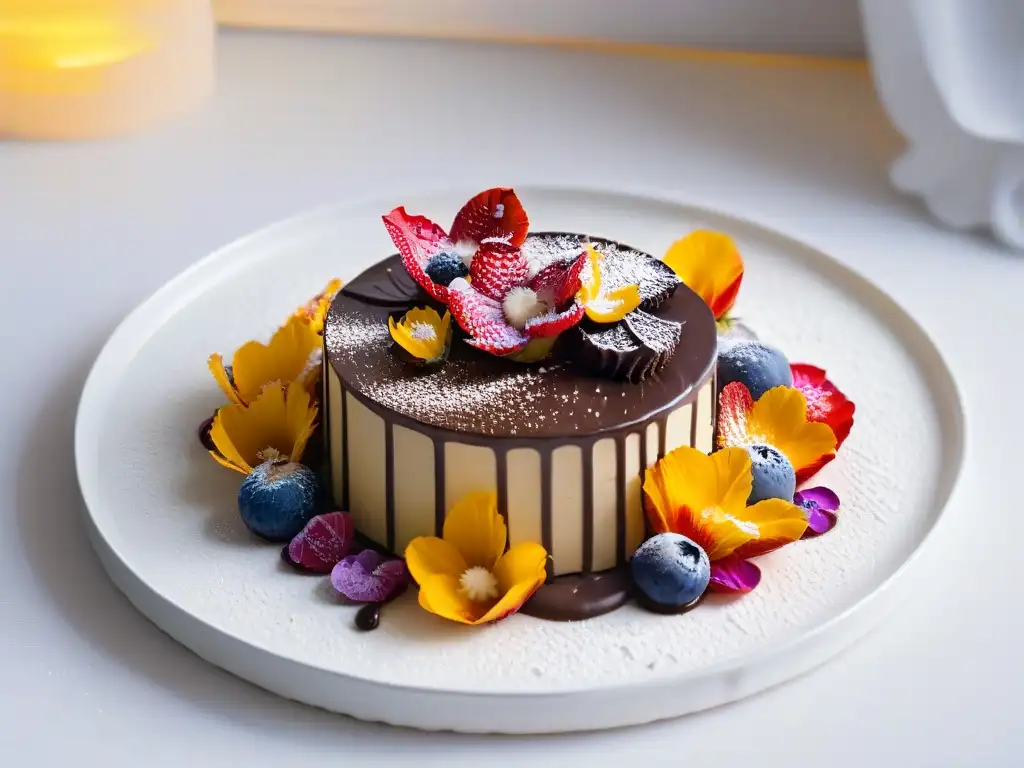 Obra maestra de postres de alta gama impresionantes en plato blanco minimalista con flores comestibles y detalles de oro