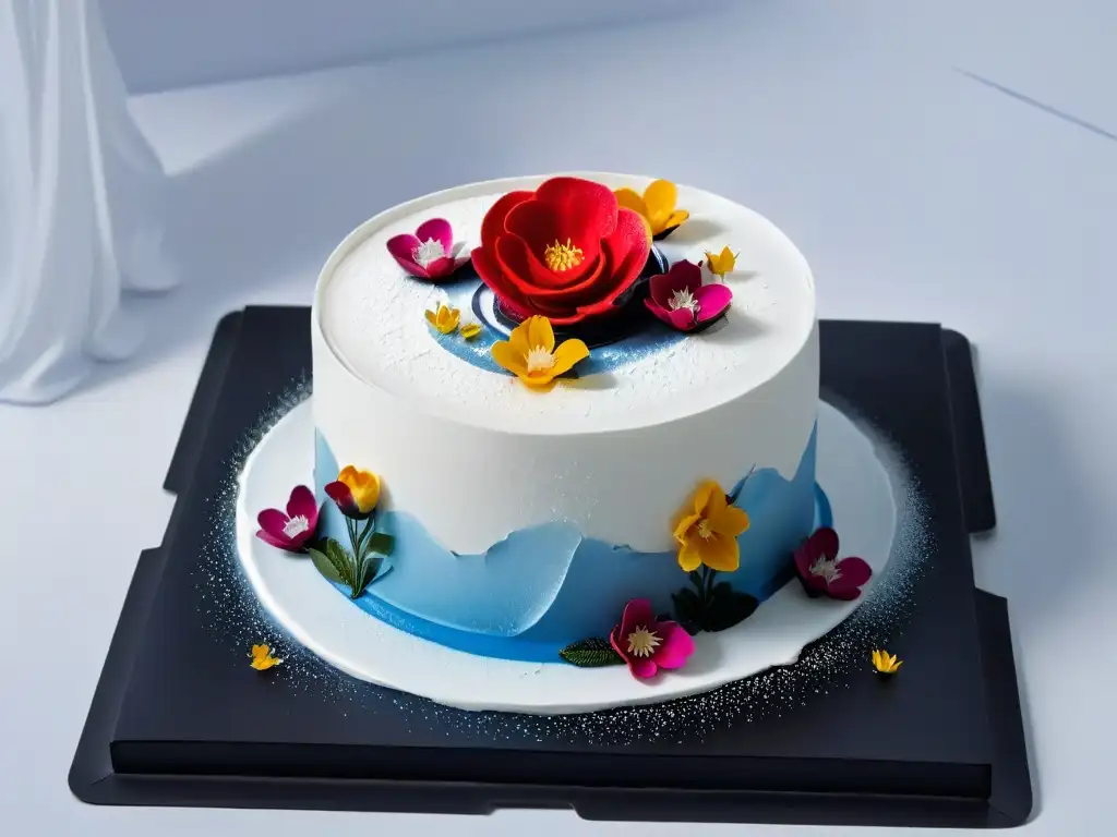 Obra maestra en postres 3D increíbles en Instagram: esculturas de azúcar, flores comestibles y detalles metálicos en un plato negro sobre fondo blanco