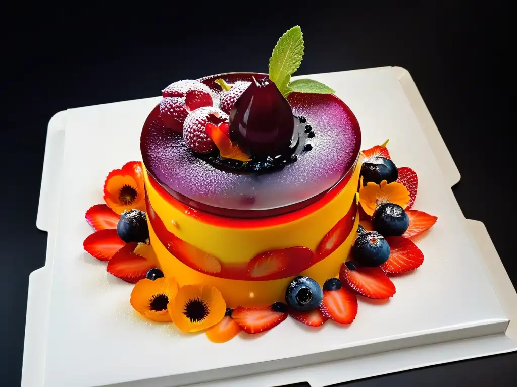 Una obra maestra de postres 3D increíbles en Instagram: gelatina colorida con frutas y flores comestibles en un elegante plato blanco