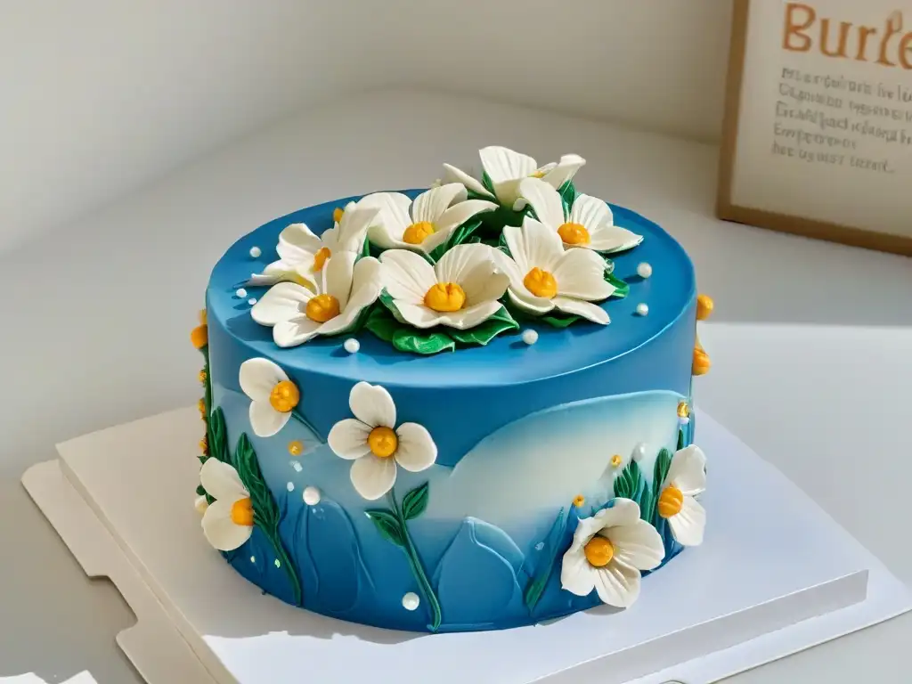 Exquisita obra maestra de pastelería en primer plano detallado Obra maestra repostera: detallada imagen de un pastel decorado con flores de fondant y intricados detalles, sobre una elegante encimera de mármol