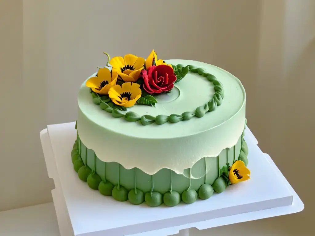 Una obra maestra de repostería artesanal en un entorno minimalista, con decoraciones detalladas y elegantes