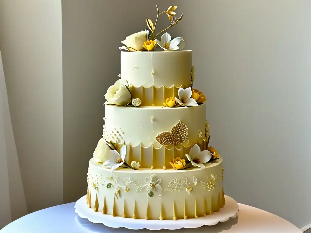 Una obra maestra de repostería certificada online con un exquisito pastel de boda de tres niveles, decorado con detalles de glaseado y flores de azúcar