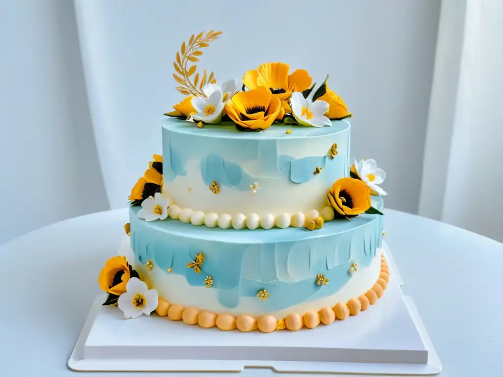 Una obra maestra de repostería clásica con decoraciones detalladas y tendencias globales en un pastel de boda de tres niveles