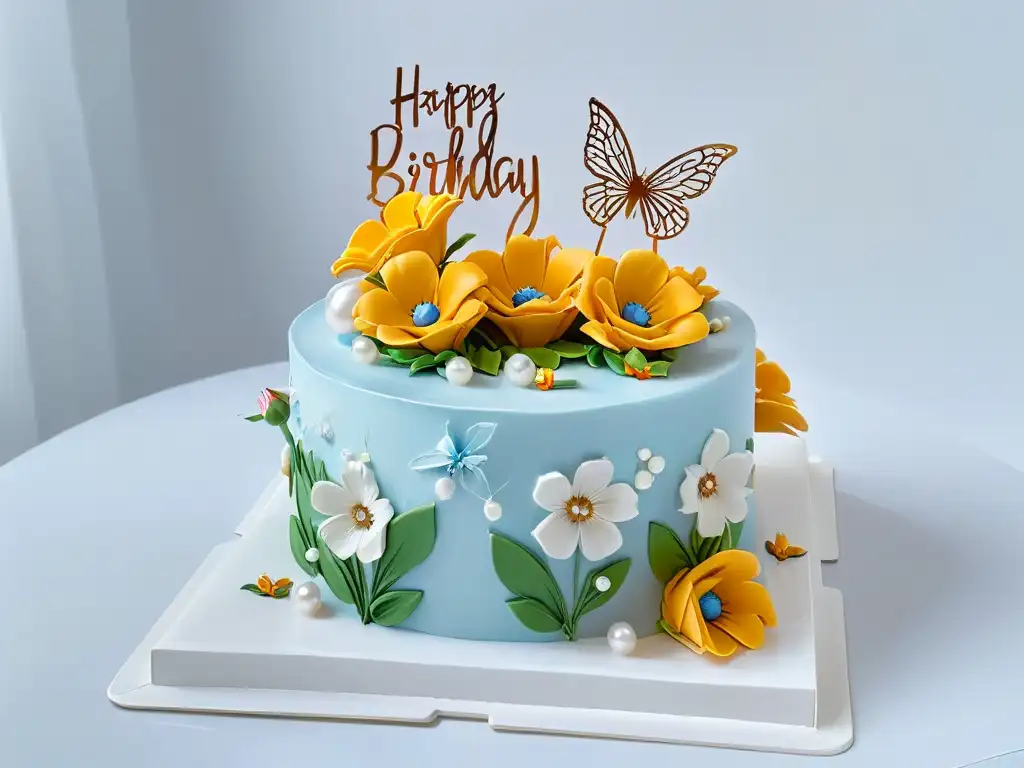 Una obra maestra de repostería creativa con flores de fondant, mariposas de azúcar y perlas comestibles, en una encimera de mármol blanco