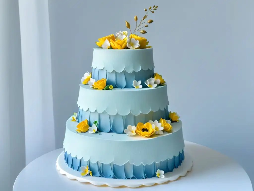 Obra maestra de repostería creativa con fondant, flores de azúcar y patrones geométricos, modelada con software 3D