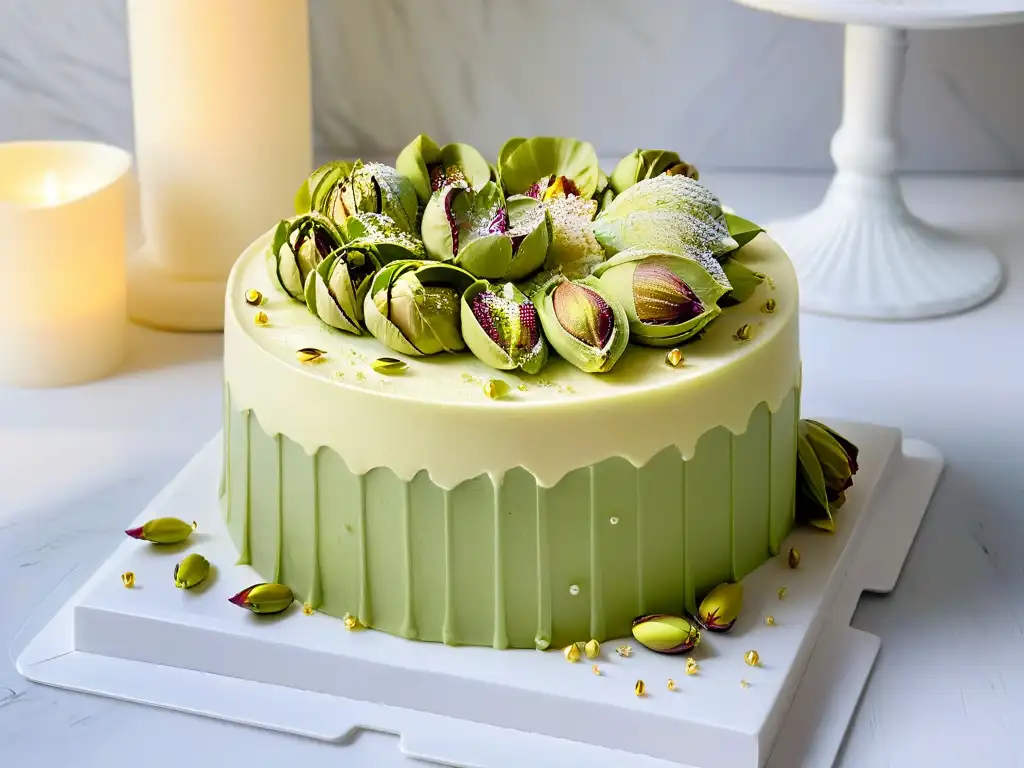 Una obra maestra de repostería creativa: pastel de pistacho y agua de rosas con pistachos iraníes y hoja de oro comestible, sobre mármol blanco