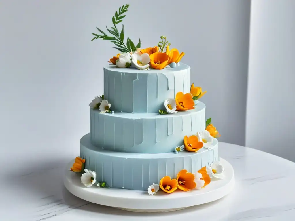 Una obra maestra de repostería con decoración exquisita en tonos pastel, en un entorno elegante y minimalista