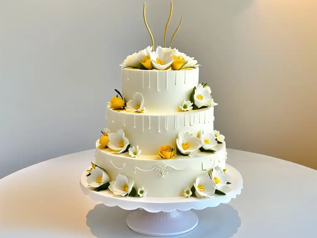 Pastel decorado con flores de azúcar: arte y elegancia en repostería Una obra maestra de repostería con decoraciones elaboradas y delicadas flores de azúcar