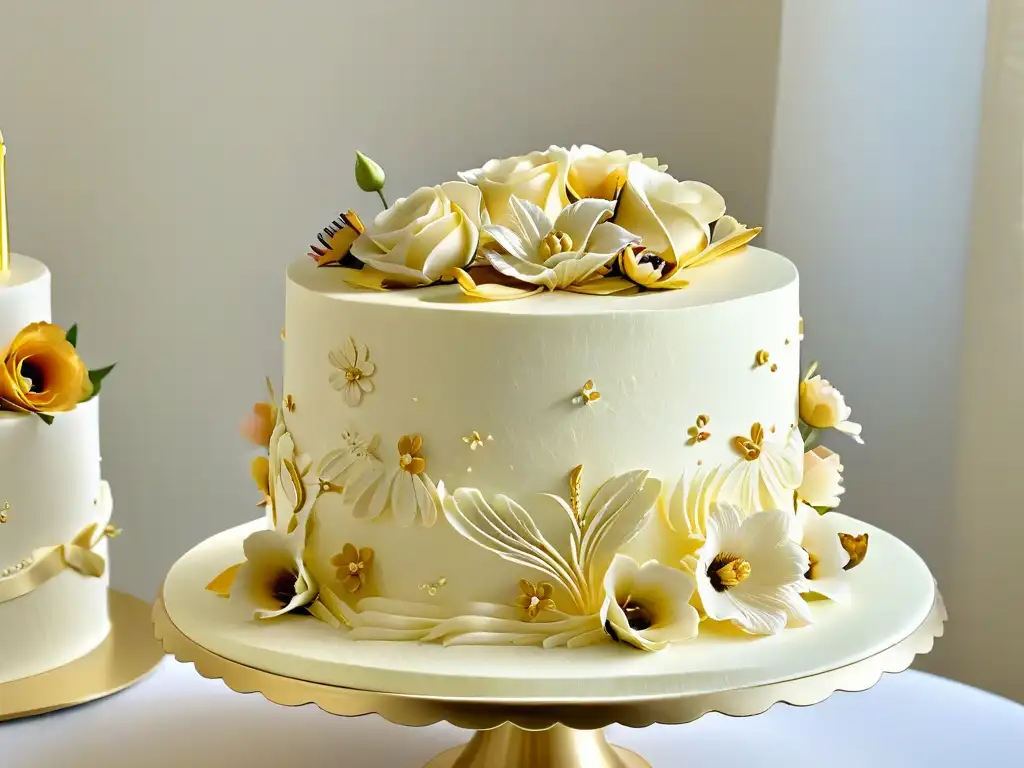 Una obra maestra en repostería con delicadas flores de azúcar y detalles dorados, sobre un soporte blanco moderno