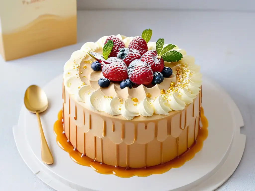 Una obra maestra de la repostería: un delicioso tres leches peruano con toques de oro comestible y frutas frescas