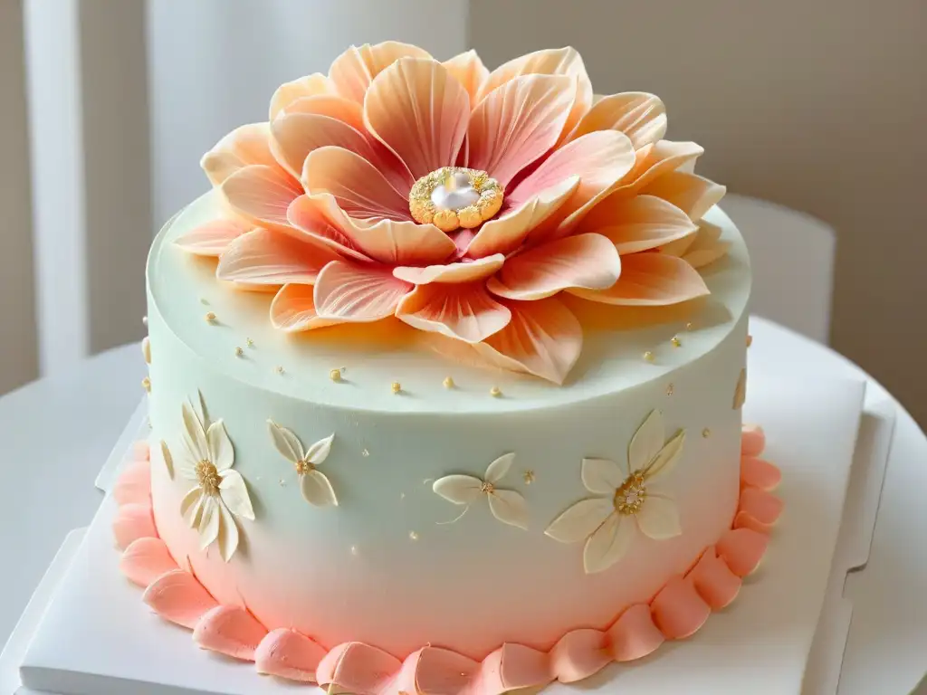 Una obra maestra de repostería: detallada flor de fondant en tonos pastel con toques de oro, ejemplar de las reglas concursos repostería