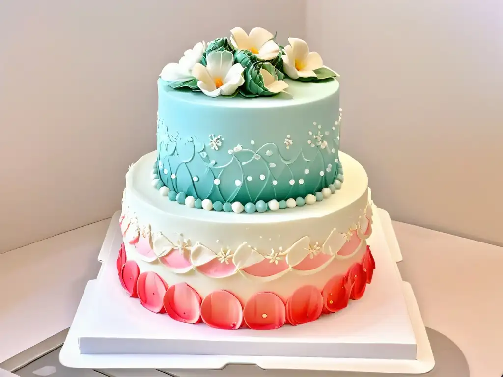 Una obra maestra de repostería: detallada tarta fondant con patrones encaje, fusionando técnicas tradicionales y modernas