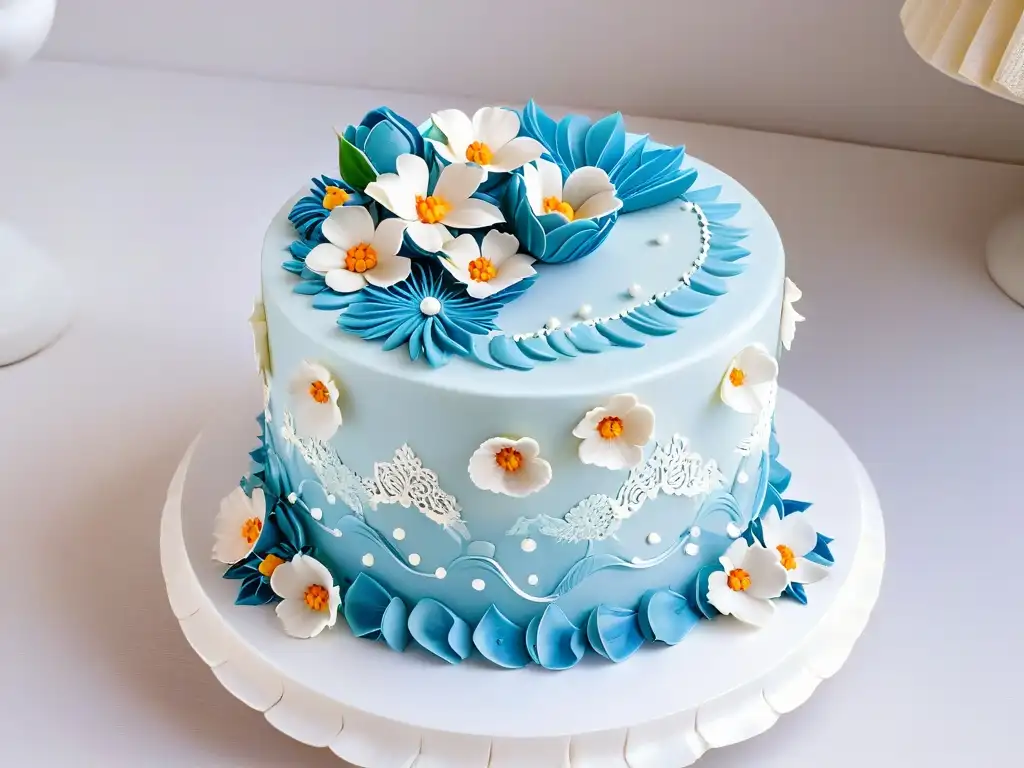 Una obra maestra de repostería con detalladas flores de azúcar y encaje, ideal para certificaciones repostería global online